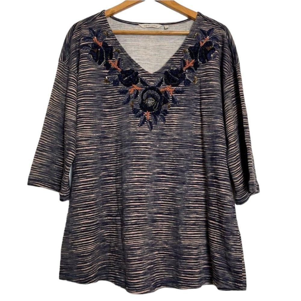 Soft Surroundings Embroidered Beaded Striped V Neck Tunic Top 3/4 Sleeves Large